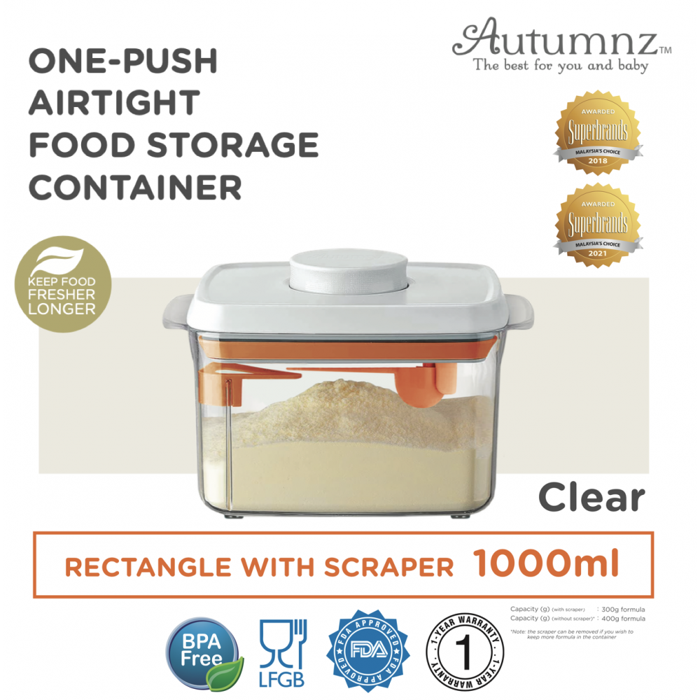 Autumnz One-Push Airtight Food Storage Container 1000ml/300g (Clear Rectangle With Spoon & Scraper)