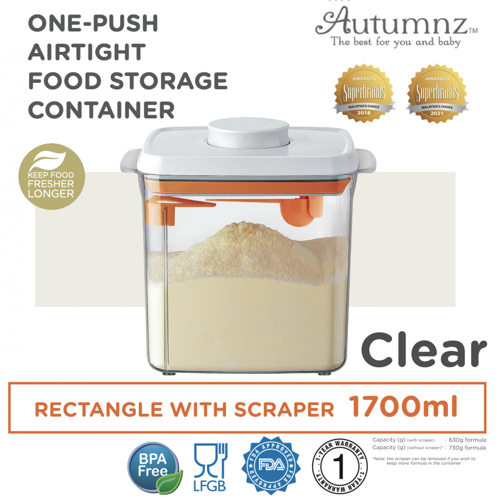 Autumnz One-Push Airtight Food Storage Container 1700ml/630g (Clear Rectangle With Spoon & Scraper)