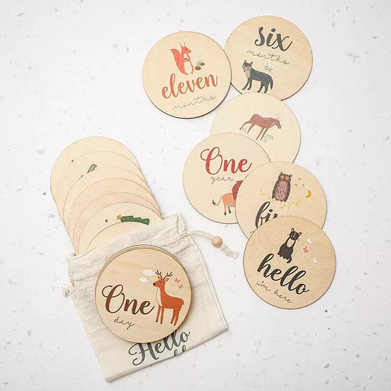 Wooden Animal Newborn Milestone Disc Cards