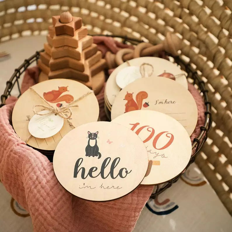 Wooden Animal Newborn Milestone Disc Cards